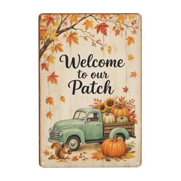 Welcome To Our Patch Pumpkin And Plaid Truck Metal Tin Sign For Fall Home Office Coffee Bar Kitchen Wall Decor 8x12 Inch