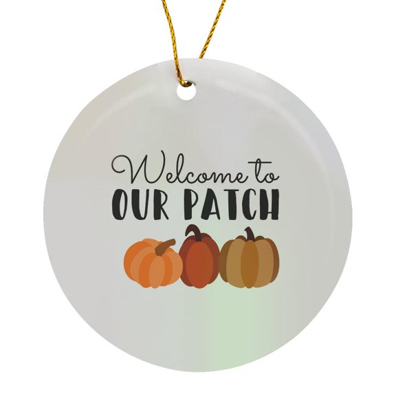 3drose, Welcome to Our Patch with Three Pumpkins. Black Letters on White., Circle Porcelain Ornament