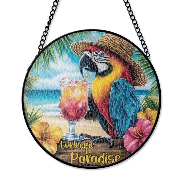 Welcome To Paradise Tropical Summer Parrot Stained Glass Suncatcher Beach House Hanging Art