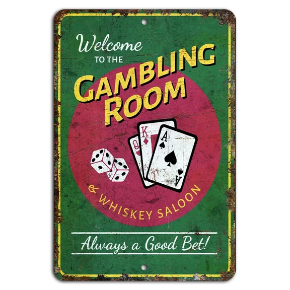 Welcome To The Gambling Room Vintage Rustic Bar Saloon Sign