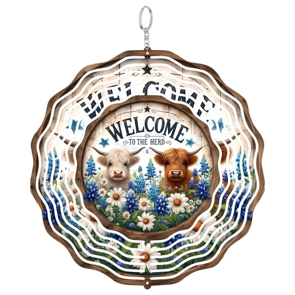 Welcome To The Herd Highland Cows Stained Glass Suncatcher, UV Printed Tinplate Round, Bluebonnets Rustic Decor, Farmhouse Gift