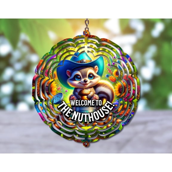 Welcome To The Nuthouse 3D Wind Spinner Funny Raccoon Kinetic Garden Art