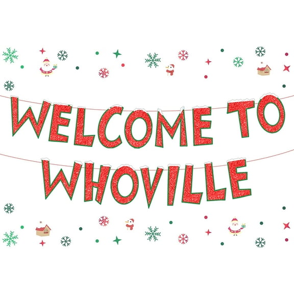 Welcome To Whoville Banner, Christmas Themed Decorations Merry Christmas Banner for Fireplace Mantle Home, Xmas Birthday Party Decorations, Christmas Vacation Holiday Decorations