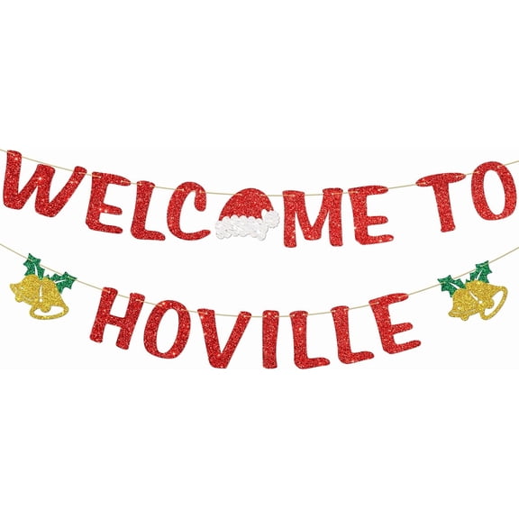 Welcome To Whoville Banner, Whoville Theme Christmas Indoor Outdoor Party Decorations, Santa Jingle Bell Decor for Holiday, Red Glitter