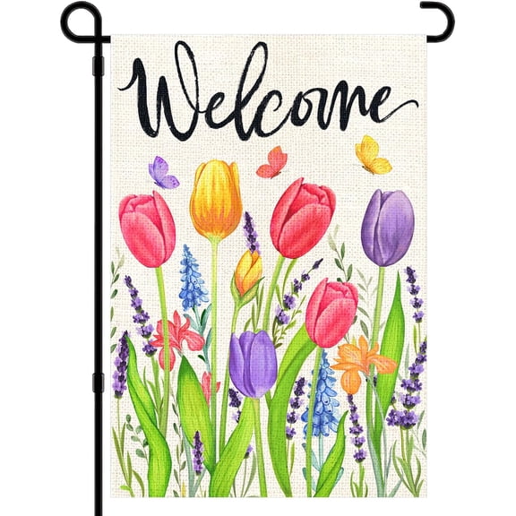 Welcome Tulip Flowers Yard Flag Double Sided Burlap Spring Summer Decor for Outside Outdoor Farmhouse Decoration 12x18 Inch