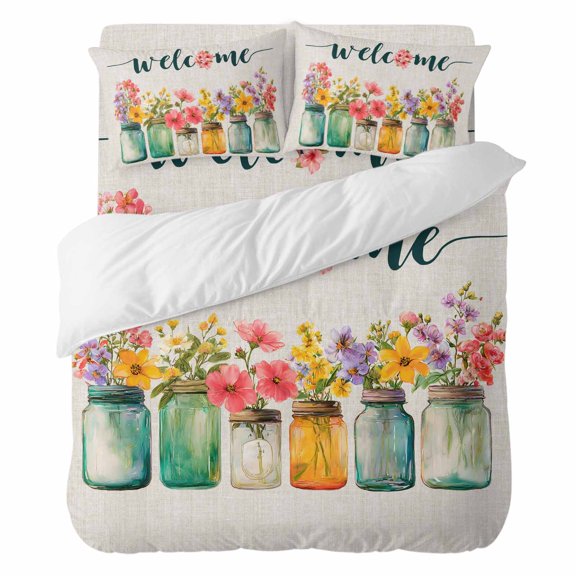 Welcome Twin Duvet Cover Set, Wildflowers Vintage Mason Jars Farmhouse Retro 4 Piece Microfiber Bedding Set with Zipper Closure, Bed Sheet and 2 Pillow Shams, Soft Bedding Cover