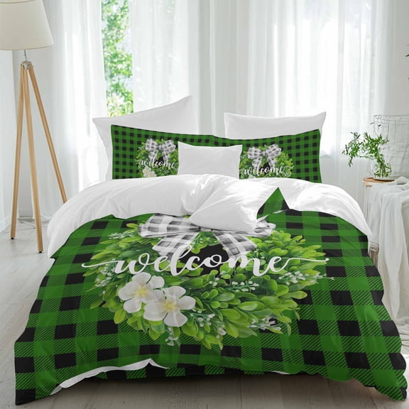 Welcome Twin Size Comforter Set, Spring Country Farm Green Boxwood Flowers Wreath Green Plaid Bedding for All Seasons, 4 Pcs Bed Set, 1 Quiltcover (68"x86") ,1Sheet(67"x116"), 2Pillowcases (30"x20")