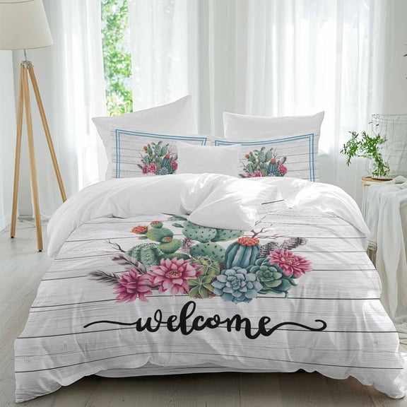Welcome Twin Size Comforter Set, Summer Cactus Succulents Arrow Country Grey Wood Grain Bedding for All Seasons, 4 Pcs Bed Set, 1 Quiltcover (68"x86") ,1Sheet(67"x116"), 2Pillowcases (30"x20")