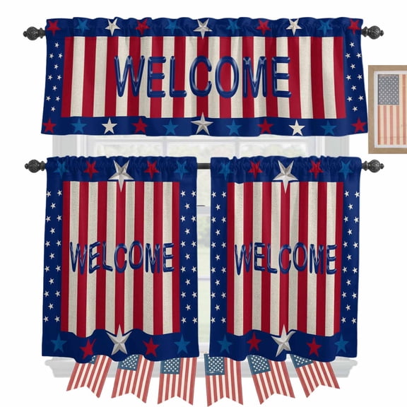Welcome USA Kitchen Curtains Valances 3 Piece Set, Flag Stars Blue Red Stripe Retro Rural Farmhouse Rod Pocket Tier Curtain and Valance Drapes for Small Window 36 Inch Length for Bedroom Cafe