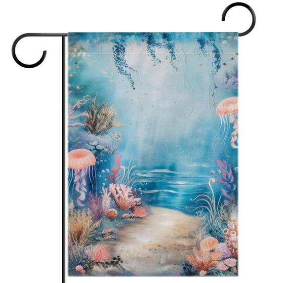 Welcome Underwater Marine Life Fish Jellyfish Coral Garden Flag, Vertical Double Sided Small House Flag, Yard Farmhouse Outdoor Deck Veranda Lawn Decor 28x40 Inch