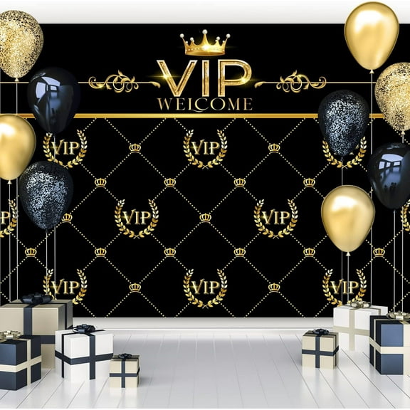 Welcome VIP Backdrop Royal Crown Celebrity Black Gold Theme Baby Shower Graduation Birthday Party Photography Backgrounds Decorations Photo Shoot Decor Props