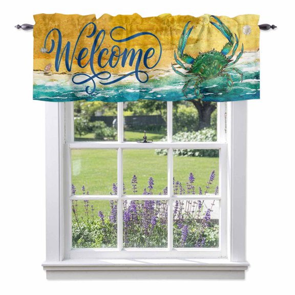 Welcome Valance Curtain for Windows Summer Beach Green Crab Shell Sea Rod Pocket Curtain Valances Short Window Treatments Panels for Kitchen Bathroom Laundry Room Basement 60 x 18 Inch
