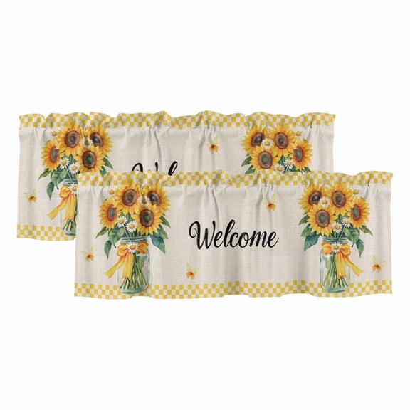 Welcome Valances for Windows 2 Panels Sunflowers Daisy Butterfly Yellow Check Linen Texture Rod Pocket Kitchen Curtain Valance Small Window Treatment for Living Room Bathroom Bedroom 42x12 Inch