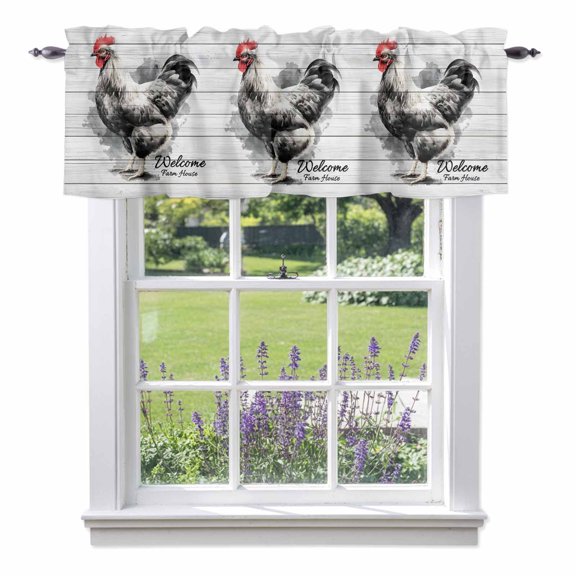 Welcome Valances for Windows Farmhouse Country Rooster Rustic White Wood Grain Rod Pocket Cafe Window Treatments Valance Curtains for Kitchen Bathroom Laundry Basement Windows 56"x16"