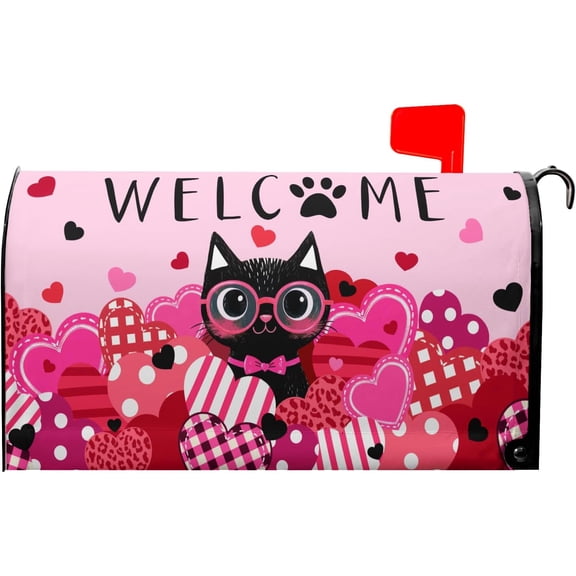 Welcome Valentine''s Day Black Cat Mailbox Covers Magnetic Standard Size 25.5" X 21",Pink Love Heart Mailbox Wraps Post Letter Box Anniversary Wedding Cover for Holiday Garden Yard Decor