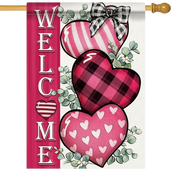 Welcome Valentine''s Day Pink Love Heart Decorative House Flag, Eucalyptus Leaf Plaid Farmhouse Garden Yard Outside Decorations, Anniversary Wedding Outdoor Large Home Decor Double Sided 28x40