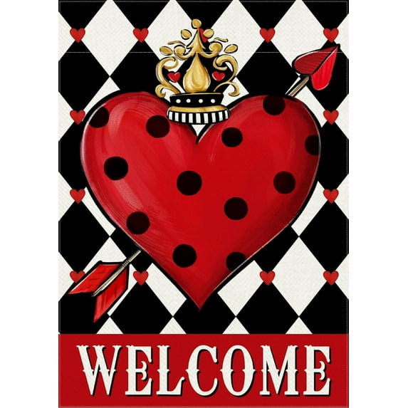 Welcome Valentine''s Day Red Love Heart Decorative Garden Flag, Checkerboard Polka Dot Arrow Queen Crown Yard Outside Decorations, Anniversary Wedding Outdoor Small Home Decor Double Sided 12.5x18