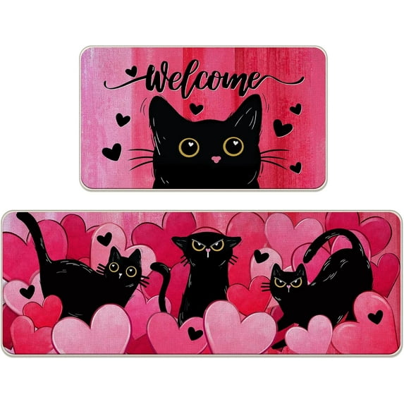 Welcome Valentines Day Black Cat Kitchen Rugs Set of 2, Pink Love Hearts Kitchen Mats Decor Pet Lover Gifts, Anniversary Wedding Floor Door Mat Home Decorations - 17x29 and 17x47 Inch