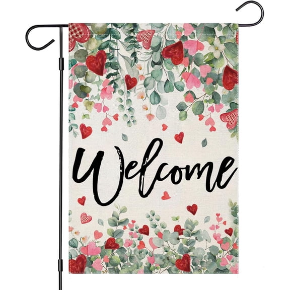 Welcome Valentines Day Garden Flags for Outside, Watercolor Lovely Flowers Small Seasonal Decoration for Holiday Anniversary Wedding Yard Outdoor 12.5x18 Inch Double Sided