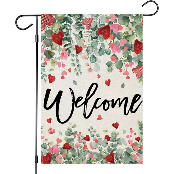 Welcome Valentines Day Garden Flags for Outside, Watercolor Lovely Flowers Small Seasonal Decoration for Holiday Anniversary Wedding Yard Outdoor 12x18 Inch Double Sided
