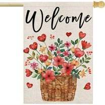 Welcome Valentines Day House Flag 28x40 Inch Double Sided Floral Love Hearts Large Burlap for Outside Rustic Anniversary Wedding Holiday Yard Decoration