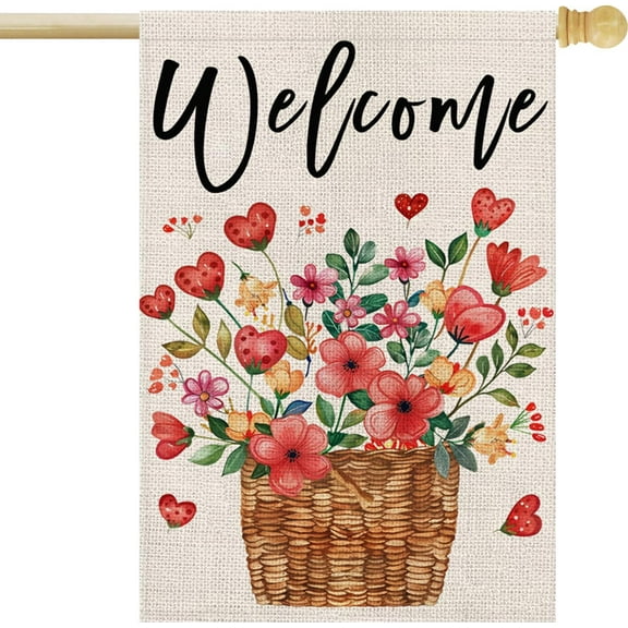 Welcome Valentines Day House Flag 28x40 Inch Double Sided Floral Love Hearts Large Burlap for Outside Rustic Anniversary Wedding Holiday Yard Decoration