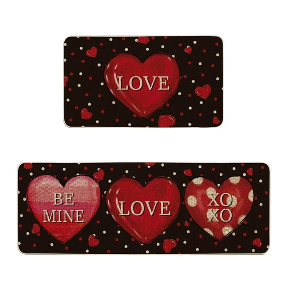 Welcome Valentines Day Kitchen Rugs Set of 2, Red Black Love Hearts Buffalo Plaid Floor Mats Home Decor, Anniversary Wedding Door Mat Decorations - 176x29 and 16x43 Inches