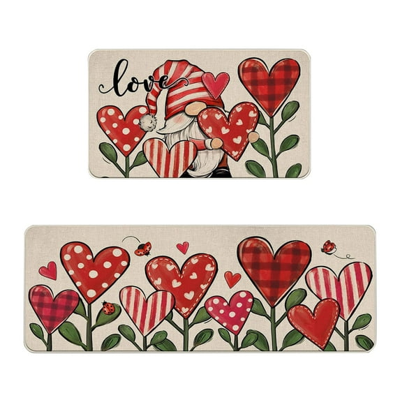 Welcome Valentines Day Kitchen Rugs Set of 2, Red Black Love Hearts Buffalo Plaid Floor Mats Home Decor, Anniversary Wedding Door Mat Decorations - 176x29 and 16x43 Inches