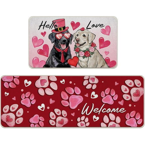 Welcome Valentines Day Labrador Dog Kitchen Rugs Set of 2, Hello Love Hearts Pet Paw Prints Kitchen Mats Decor, Anniversary Wedding Floor Door Mat Home Decorations - 17x29 and 17x47 Inch