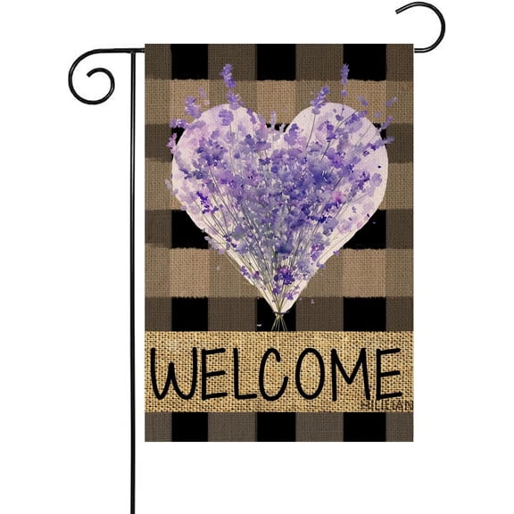 Welcome Valentines Day Lavender Heart Garden Flag 12x18 Inch Double Sided for Outside Farmhouse Wedding Anniversary Small Lawn Buffalo Check Garden Flag Decoration(4919)