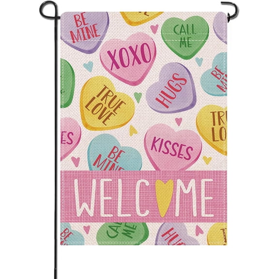 Welcome Valentines Day Small Decorative Garden Flag, Colorful Candy Love Heart Romantic Kids Yard Outside Decor, Anniversary School Classroom Burlap Outdoor Home Decoration Double Sided 12x18