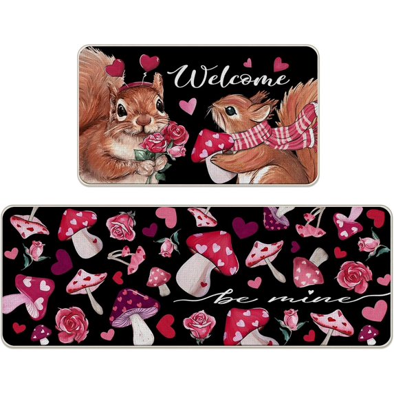 Welcome Valentines Day Squirrel Kitchen Rugs Set of 2, Mushroom Rose Flower Love Hearts Black Kitchen Mats Decor, Anniversary Wedding Floor Door Mat Home Decorations - 17x29 and 17x47 Inch
