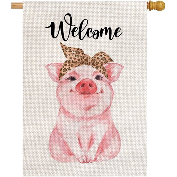 Welcome Vintage Funny Pig House Flag Vertical Double Sided 28 x 40 Inch Farmhouse Yard Outdoor Decor