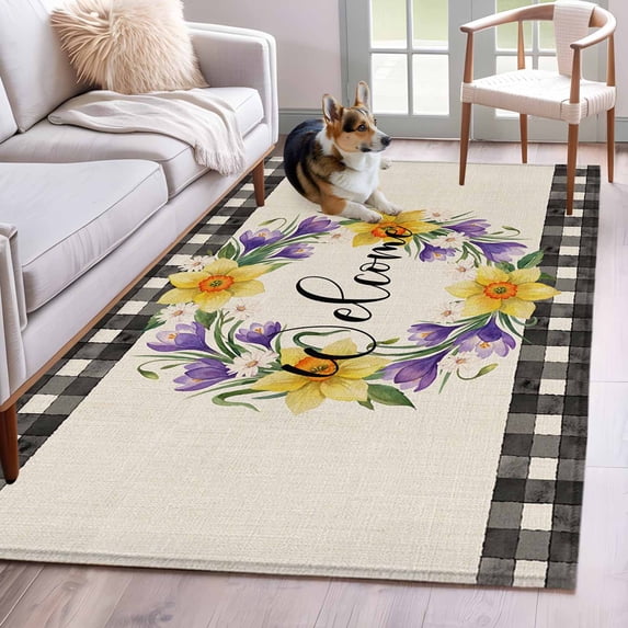 Welcome Washable Area Rugs 2.7'x5', Vintage Purple Yellow Floral Wreath Linen Texture Low Pile Throw Living Room Rug Non-Slip Sturdy Edge Binding Carpet for Indoor Entryway Bedside Kitchen