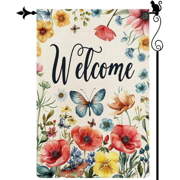 Welcome Watercolor Colorful wildflowers Butterflies Spring Garden Flag Vertical Double Sided Spring Summer Garden Flag Seasonal Rustic Yard Lawn Outdoor Decor