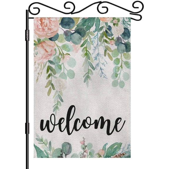 Welcome Watercolor Floral Garden Flag Small Vertical Double Sided 12.5 x 18 Inch Wreath Frame Vivid Flowers, Green Leaves Wedding Burlap Yard Outdoor Decor