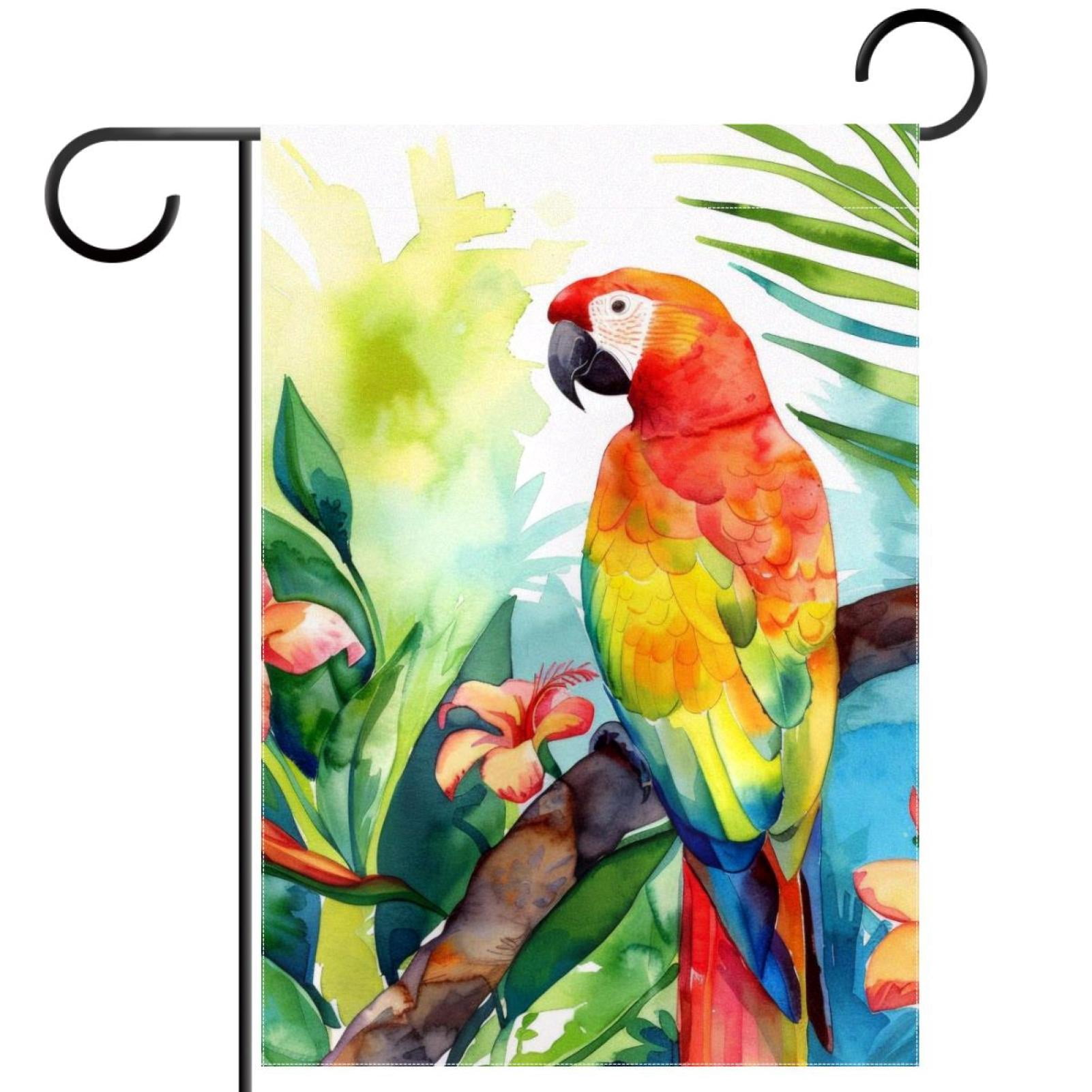 Welcome Watercolor Parrot Tropical Plant Leaf Garden Flag, Vertical Double Sided Small House Flag, Yard Farmhouse Outdoor Deck Veranda Lawn Decor 28x40 Inch