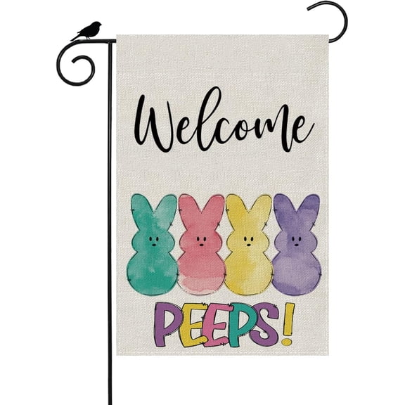 Welcome Watercolor Rabbit Bunny Easter House Flag Large Big Burlap 28X40 Inch Vertical Double Sided Outside Yard Holiday Outdoor Farmhouse Decoration