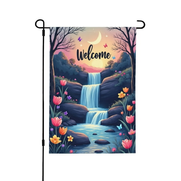 Welcome Waterfall Garden Flag 12x18 Inch Double Sided Outdoor Decor， Serene Sunset Flowers Butterflies Spring Summer Yard Flag House Decoration