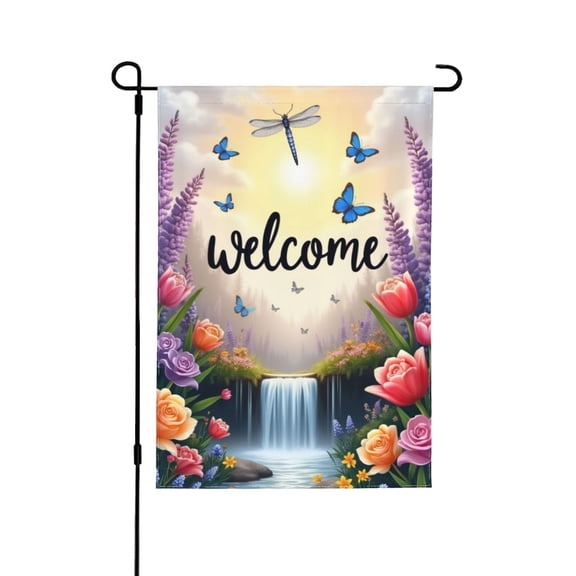 Welcome Waterfall Garden Flag 12x18 Inch Double Sided Spring Summer Floral Butterfly Dragonfly Roses Tulips Flowers Yard Outdoor Decor