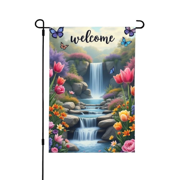 Welcome Waterfall Garden Flag 12x18 Inch Double Sided Spring Summer Floral Butterfly Tulip Flowers Outdoor Yard Decor