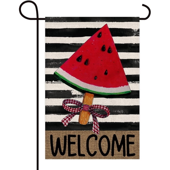 Welcome Watermelon Popsicle Stripes Decoration Double Sided Burlap Garden Flag Summer Rustic Farmhouse Beach Outdoor Yard Flag 12" x 18"