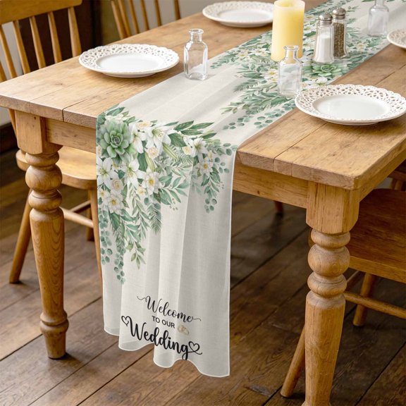 Welcome to Our Wedding 10ft Cheesecloth Table Runner for Wedding 27"x120", Leaves Floral Botanical Kitchen Dinner Sheer Tulle Chiffon Dresser Scarf, Holiday Party Decorations