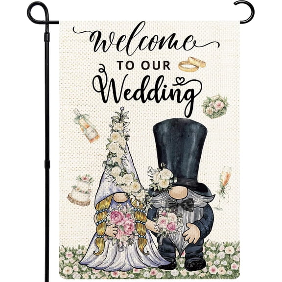 Welcome to Our Wedding Gnomes Garden Flag, Mr and Mrs Wedding Garden Flag Double Sided, Bride Groom Anniversary Holiday Flag for Party Yard Outdoor Decoration 12.5x18