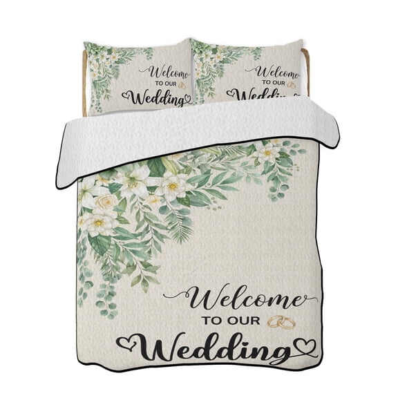 Welcome to Our Wedding Quilts Bedding Set Queen Size Leaves Floral Botanical Lightweight Quilted Bedspread 3 Piece Bed Quilt with 2 Pillow Shams All Season for Bedroom 78" x 90"