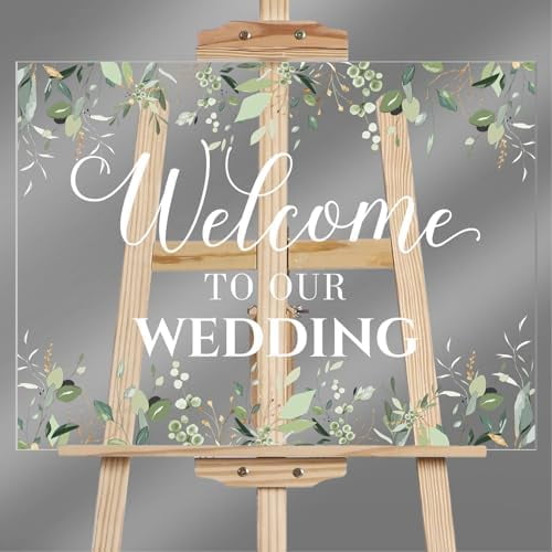 Welcome to Our Wedding Sign 24 x 18 Inch Welcome Wedding Sign for Wedding Reception Acrylic Greenery Eucalyptus Welcome Sign Large Wedding Party Signs for Ceremony Lawn Outdoor Indoor
