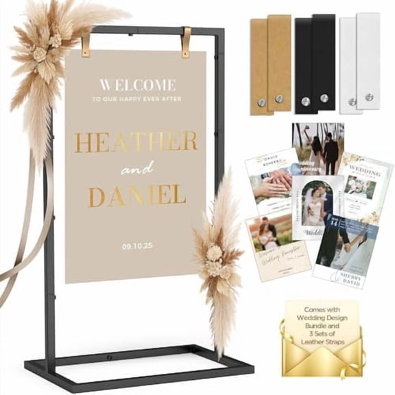 Welcome to Our Wedding Sign Stand, Adjustable Portable Seating Chart Holder for Wedding Entrance Reception, Black Metal Linen Fabric Display Easel with Design Bundle & Hanging Straps for Party Dcor