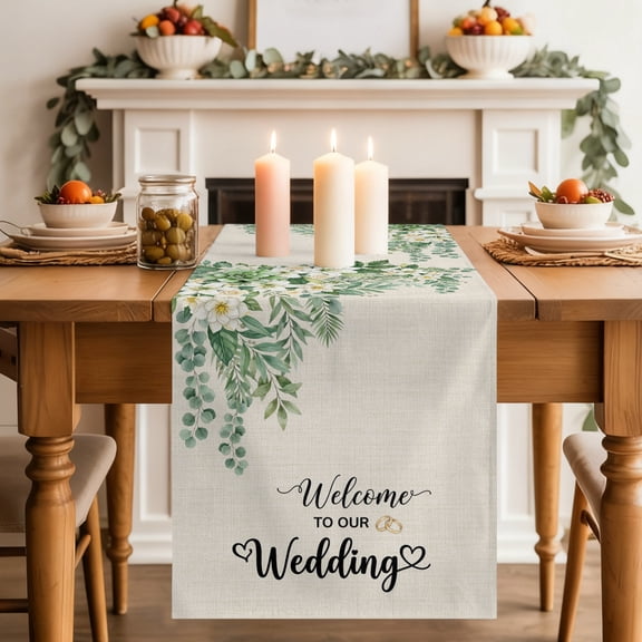 Welcome to Our Wedding Table Runner, Leaves Floral Botanical Washable Cotton-linen Table Runners Dining Kitchen Decoration for Everyday Home Wedding Party Decor, 13 x 36 Inch