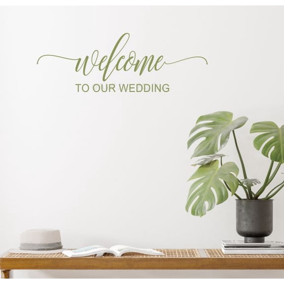 Welcome to our Wedding Vinyl Wall Art for Mirror or Sign - Cute Matte Vinyl Wall Decal - Bride Groom Vinyl Lettering Decor - Removable Script Adhesive Wall Lettering, 23x8-Inch, Olive