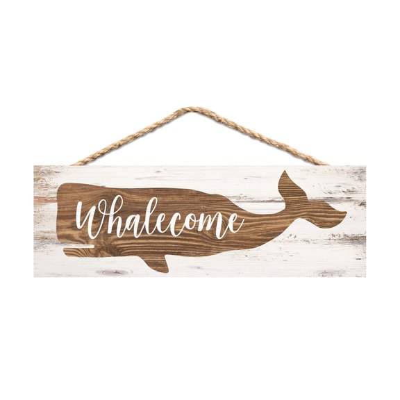 Welcome Whale Natural Brown 10 x 4 Pine Wood Hanging Dcor String Sign
